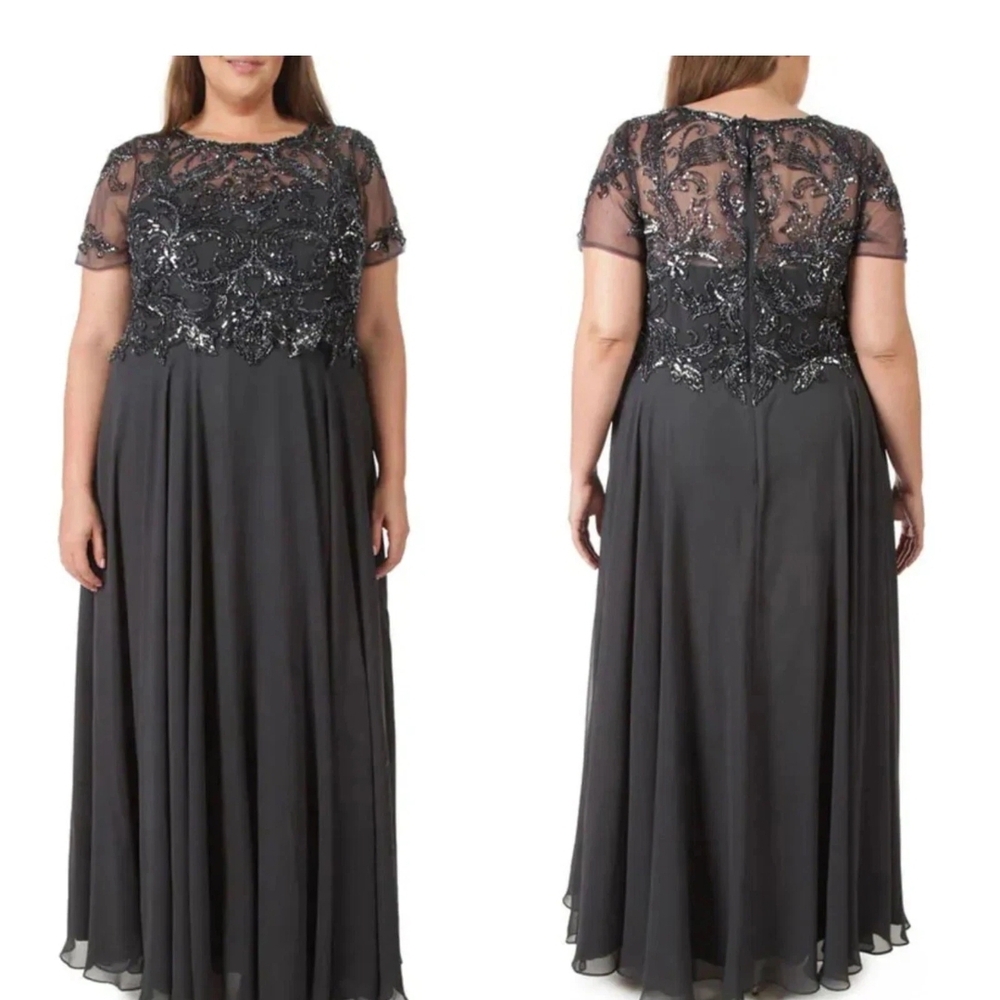 XSCAPE Women's Charcoal Beaded Chiffon Short Sleeve Formal Gown NWT - Picture 4 of 17